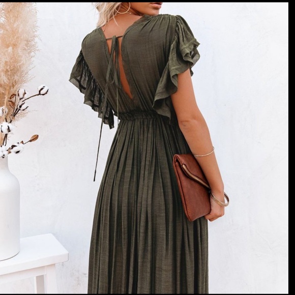 XL Bohemian long Olive gauze semi sheer maxi dress w pockets and ruffle sleeves - Picture 4 of 16